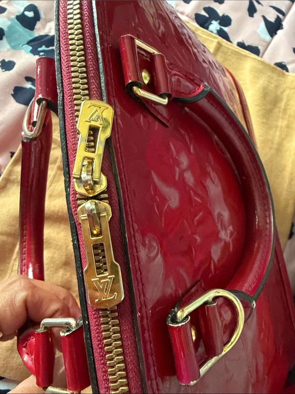 Louis Vuitton Red Patent Alma Pm Satchel with Gold Hardware